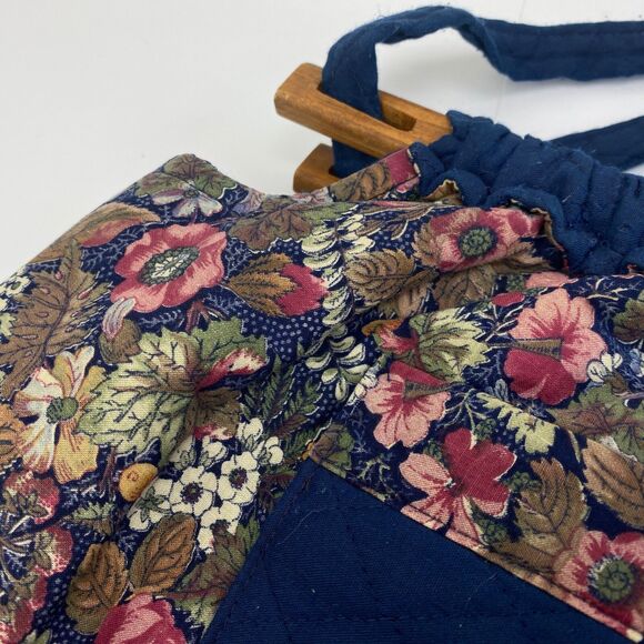 Vintage 80s Quilted Knitting Bag Handbag Purse Floral Wood Handles Pocket Boho - Picture 4 of 10